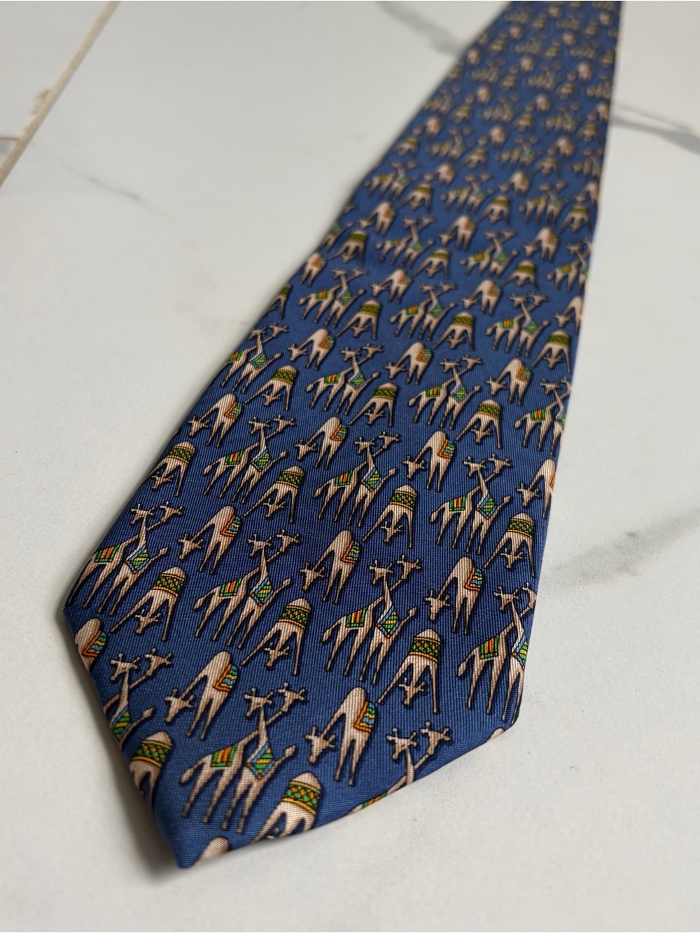 Vintage 1980s 80s Salvatore Ferragamo Silk Neck Tie Giraffe Print Navy Yellow
